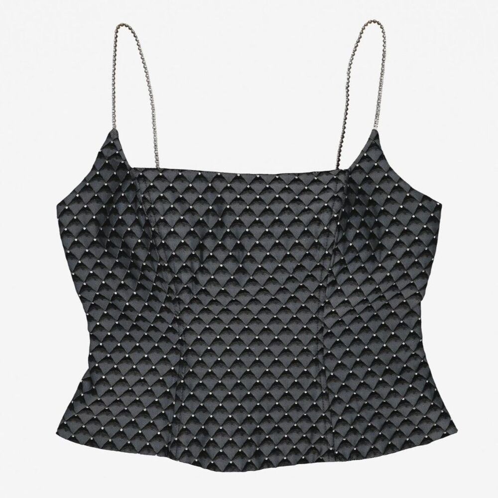 Y2K Black Diamond Corset Top Chain Strap Rhinestone Cami Small